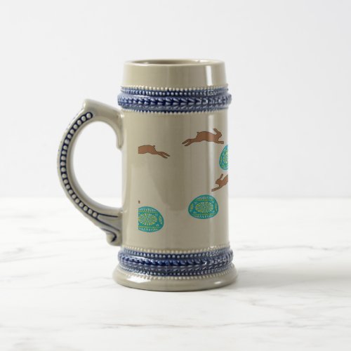 easter bunny and eggs on white beer stein