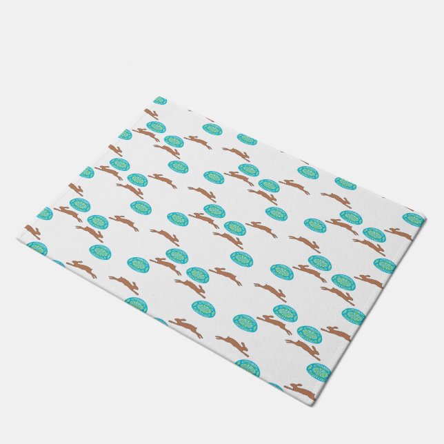 easter bunny and eggs on white doormat (Angled)