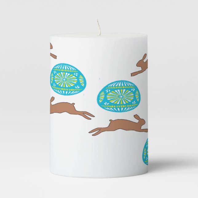 easter bunny and eggs on white pillar candle (Front)