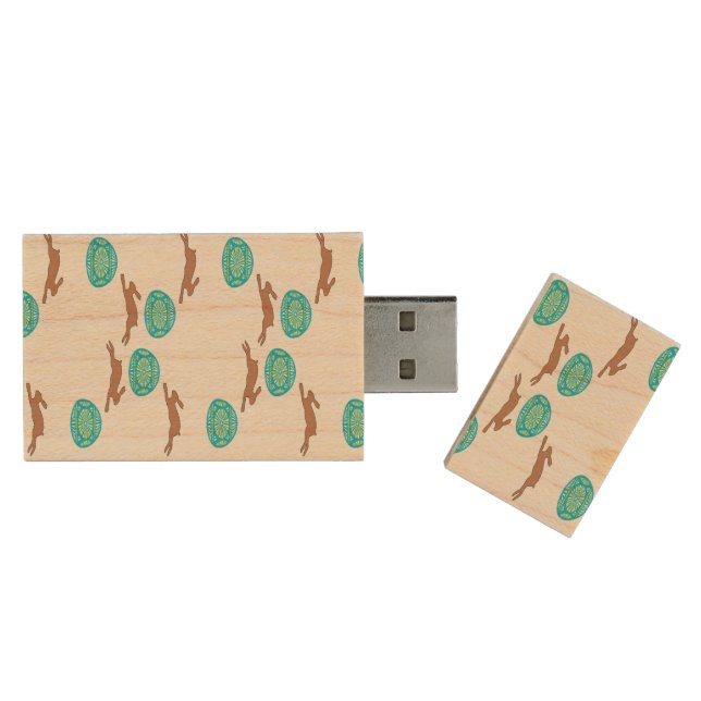 easter bunny and eggs on white wood flash drive (Opened)