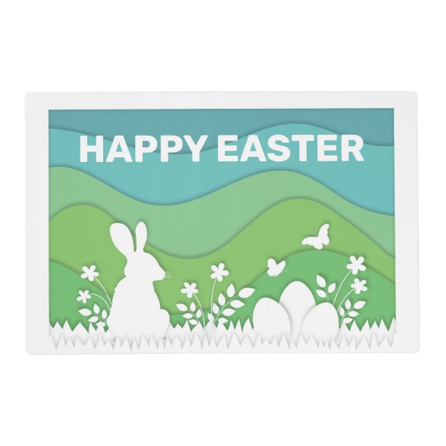Easter bunny and eggs papercut 3d green nature placemat (Front)