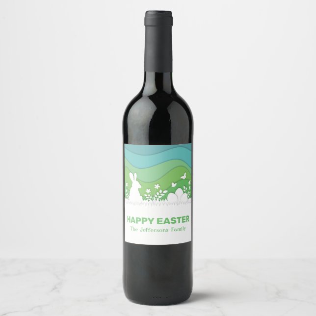 Easter bunny and eggs papercut 3d green nature wine label (Front)