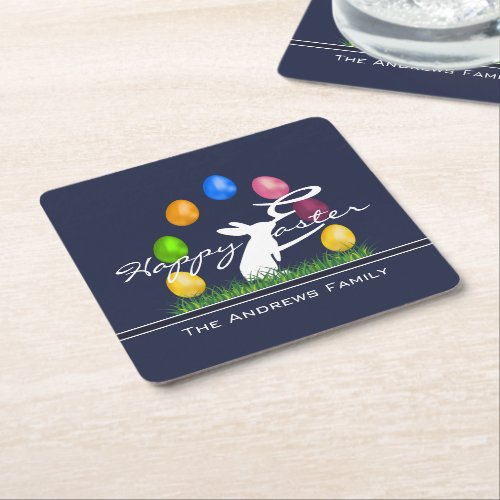 Easter Bunny and Eggs Personalized Square Paper Coaster