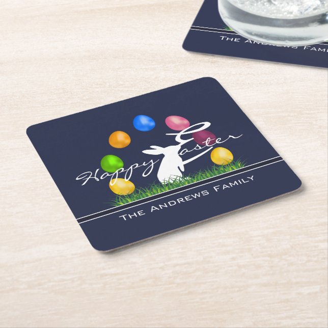 Easter Bunny and Eggs Personalized Square Paper Coaster (Angled)