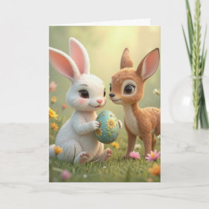 Easter Bunny and Fawn In Wildflowers Card