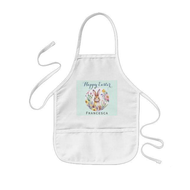 Easter Bunny and Flowers Custom Name Kids' Apron (Front)