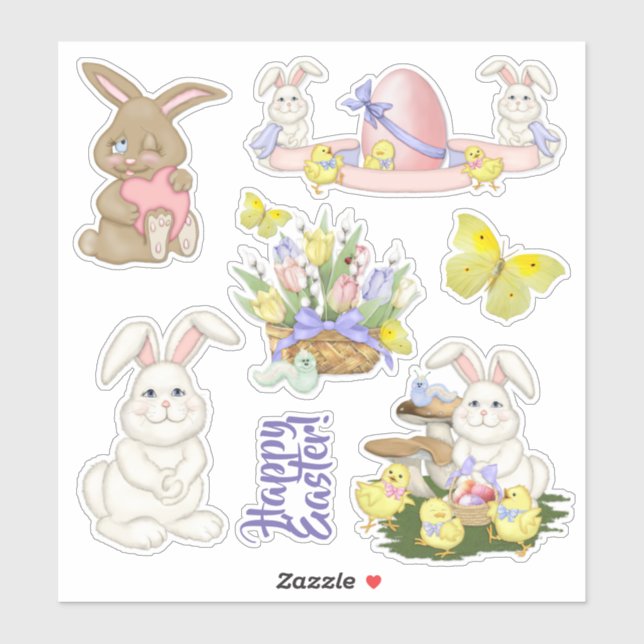 Easter Bunny and Flowers Spring Die Cut Vinyl Set Sticker (Sheet)