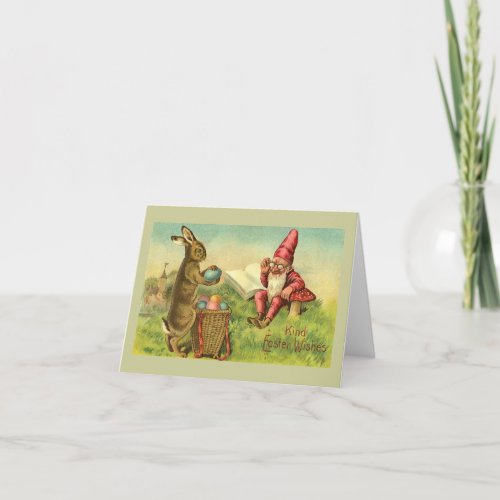 Easter Bunny And Gnome Vintage Greeting Holiday Card