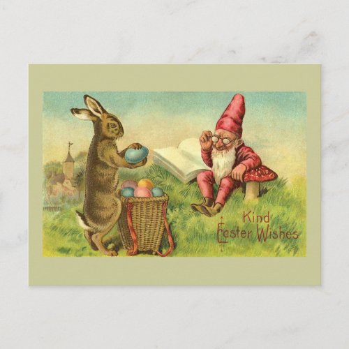 Easter Bunny And Gnome Vintage Greeting Holiday Postcard