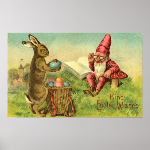 Easter Bunny And Gnome Vintage Greeting Poster