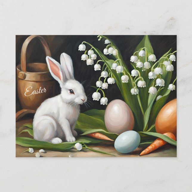Easter Bunny and Lily of the Valley Flowers Holiday Postcard (Front)