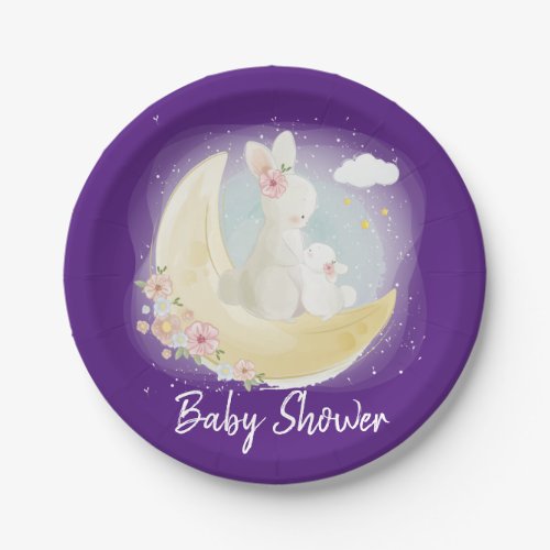 Easter Bunny and Moon Purple Girl Baby Shower Paper Plates