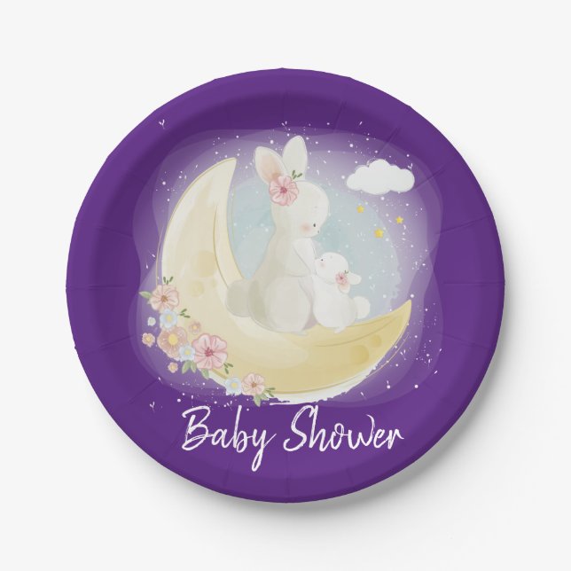Easter Bunny and Moon Purple Girl Baby Shower Paper Plates (Front)