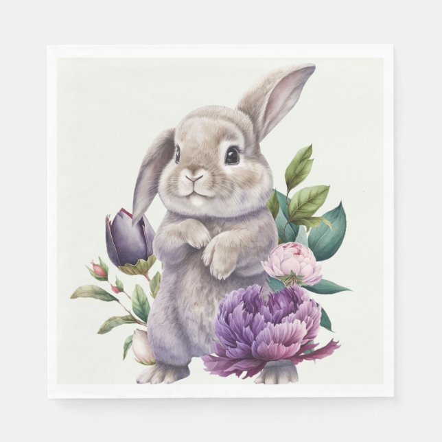 Easter Bunny And Peonies Flowers Napkins (Front)