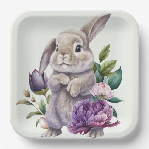 Easter Bunny And Peonies Flowers Paper Plates