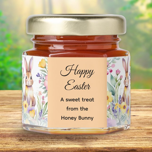 Easter Bunny and Spring Flowers Personalized Honey Jar Favors (A mini jar of honey, with Happy Easter greeting, Easter bunny picture and custom text)