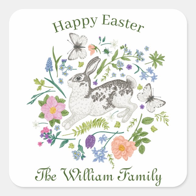 Easter Bunny and Spring Flowers    Square Sticker (Front)