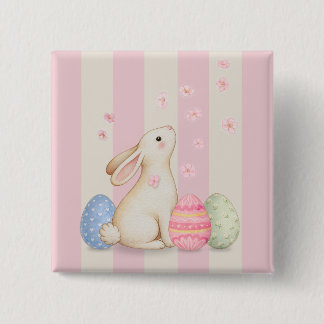 Easter Bunny and Spring Pastel Stripe Button