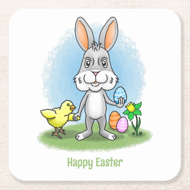Easter Bunny and the Chicken Square Paper Coaster (Front)