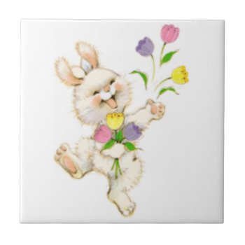 Easter Bunny And Tulips Ceramic Tile by stargiftshop at Zazzle