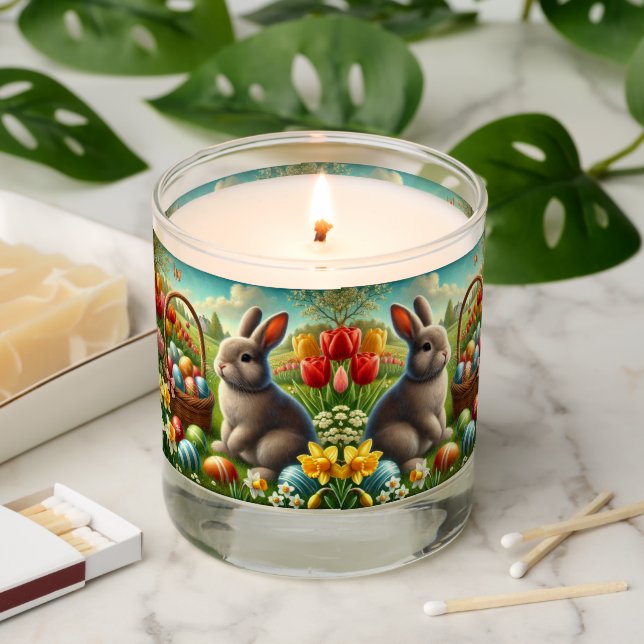 Easter Bunny and Tulips Flowers Scented Jar Candle (Lit)