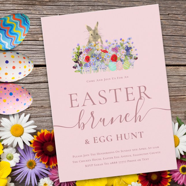 Easter Bunny and Wildflowers Egg Hunt and Brunch Invitation (Easter brunch and egg hunt cute bunny watercolor wildflower spring party pink invitation )