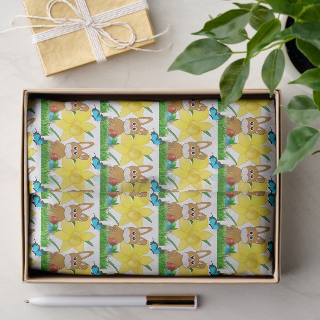 Easter Bunny and Yellow Daffodils Flower  Tissue Paper (Gift)