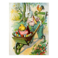 Easter Bunny Antique Post Card Wheel Barrow Chicks