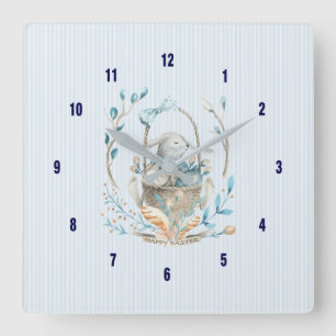 Easter Bunny Basket Bokeh Flowers & Feathers Square Wall Clock