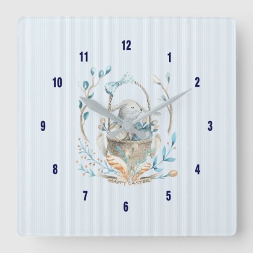 Easter Bunny Basket Bokeh Flowers  Feathers Square Wall Clock