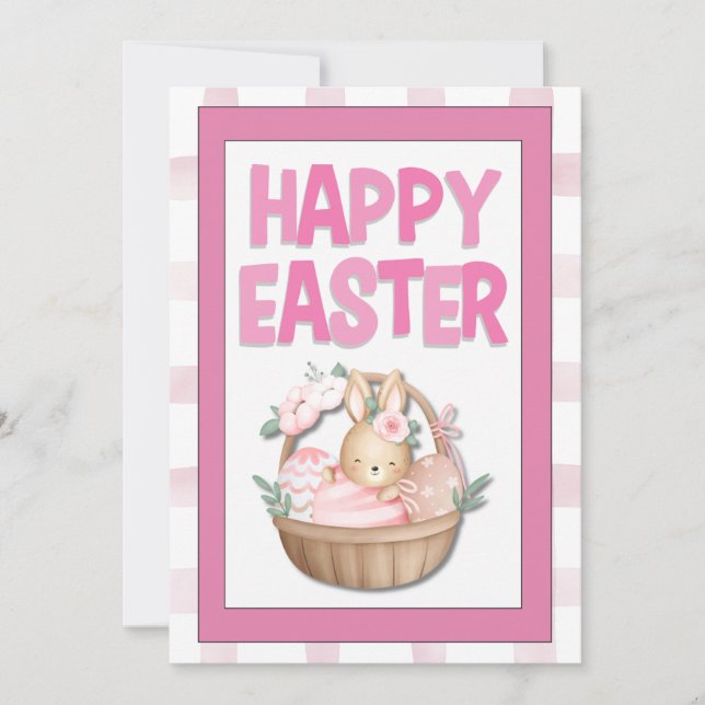 Easter Bunny Basket & Pink Plaid Holiday Card (Front)