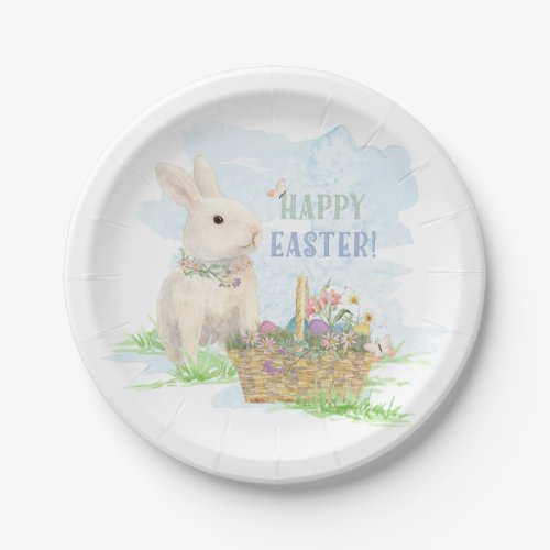 Easter Bunny Basket Rabbit Eggs Floral Watercolor Paper Plates