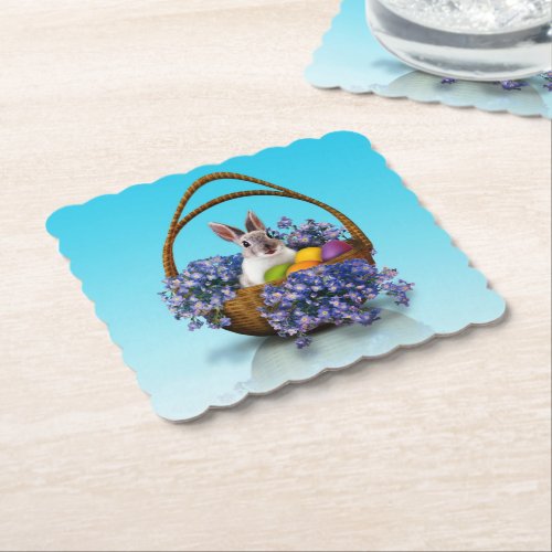 Easter Bunny Basket Scalloped Square Paper Coaster