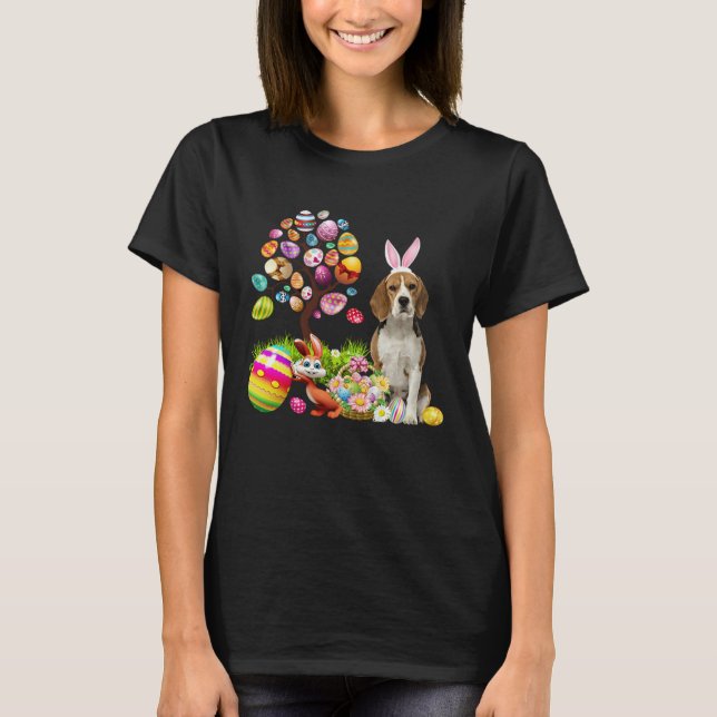 Easter Bunny Beagle Dog Ear Tree Egg Basket T-Shirt (Front)