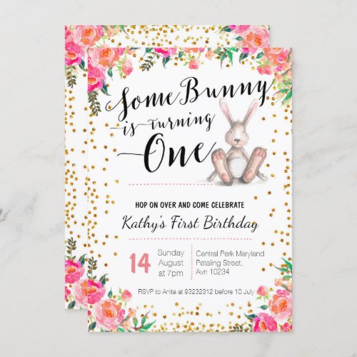 Easter Bunny Birthday Floral Invitation