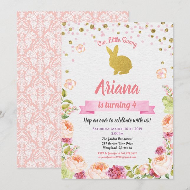 Easter bunny birthday invitation for girl (Front/Back)