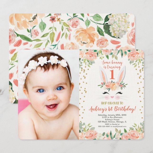 Easter bunny birthday invitation peaches and cream (Front/Back)