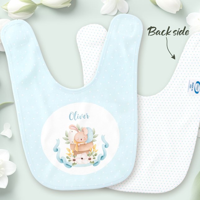 Easter bunny blue dots custom name boy baby bib (Easter bunny blue dots custom name boy baby bib)