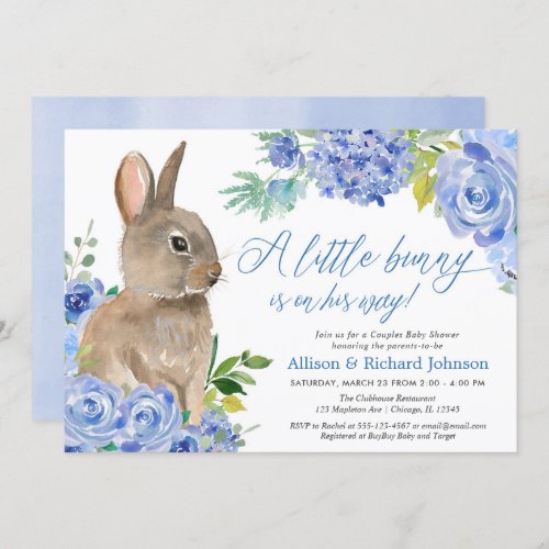 Easter bunny blue floral boy couples baby shower invitation