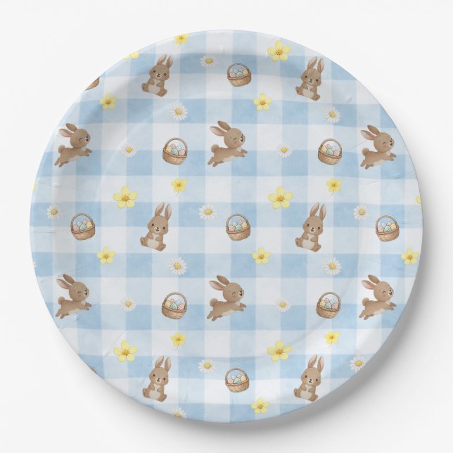 Easter Bunny Blue Gingham Paper Plates (Front)