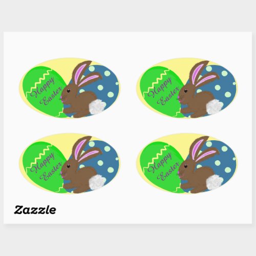 Easter Bunny Blue Green Easter Eggs Oval Sticker