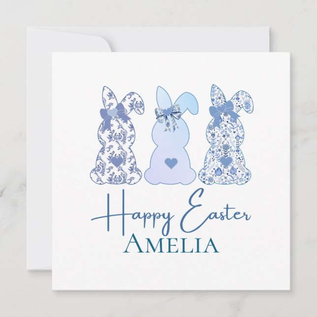 Easter Bunny Blue White Floral Bow Personalized  Invitation (Front)