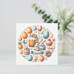 Easter Bunny Cake Eggs Illustration Holiday Card