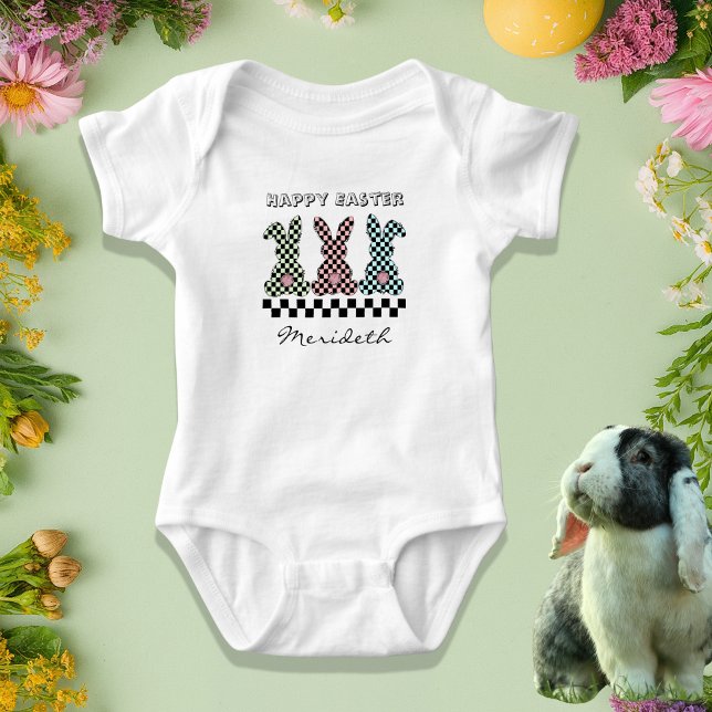 Easter Bunny Checkerboard Pink Green Teal Monogram Baby Bodysuit (Creator Uploaded)