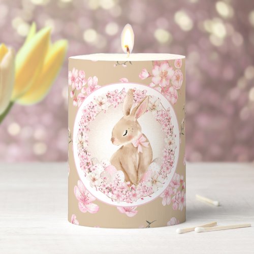 Easter Bunny Cherry Blossom Sakura Pink Beige Pillar Candle