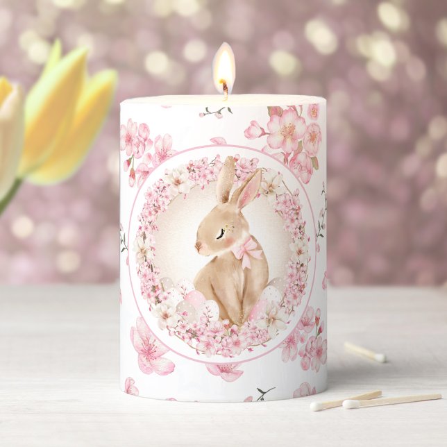 Easter Bunny Cherry Blossom Sakura Pink White Pillar Candle (Easter Bunny Cherry Blossom Sakura Pink White Pillar Candle)
