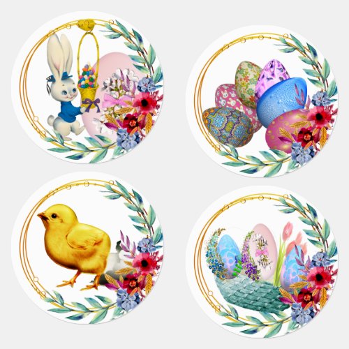 Easter Bunny Chick Eggs Basket Floral Wreath Set  Labels