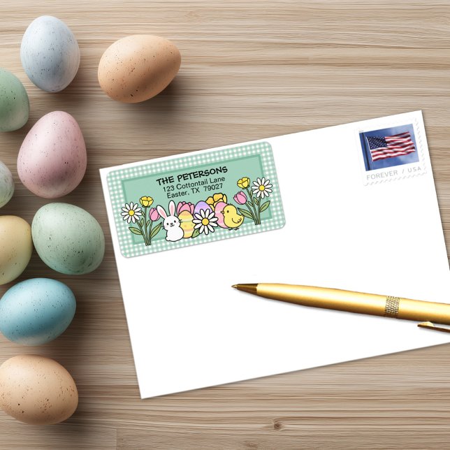 Easter Bunny Chick Eggs Flowers Green Gingham Label (Creator Uploaded)