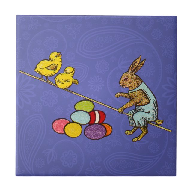 Easter Bunny chickens eggs illustration Ceramic Tile (Front)