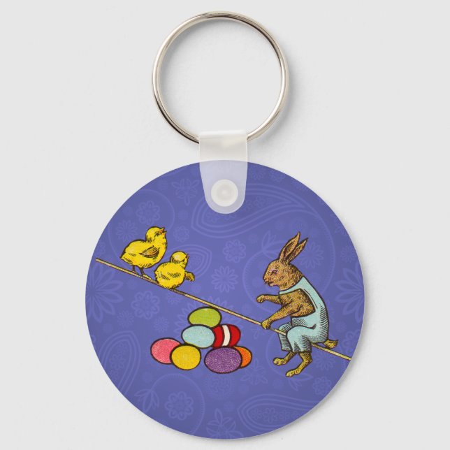 Easter Bunny chickens eggs illustration Keychain (Front)